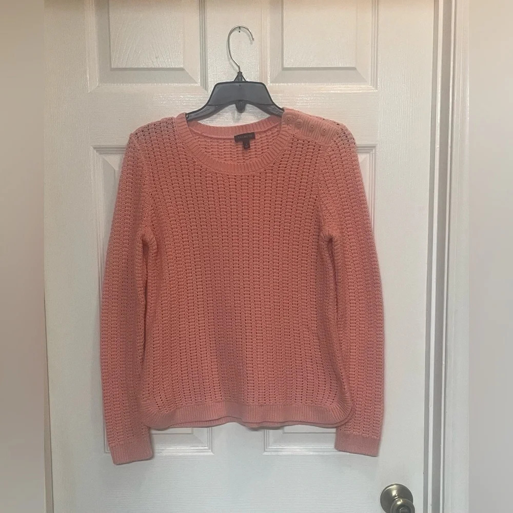 Talbots Lambswool Open Knit Crew Neck Button Detail Sweater Peach Soft Cozy Sm